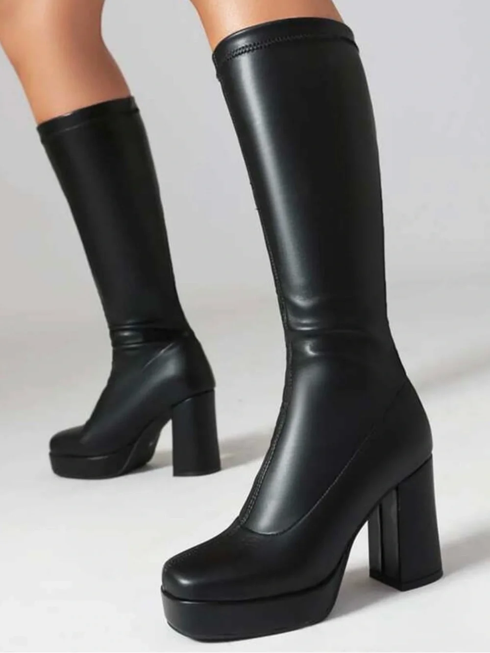 Women's Black Over-the-Knee Platform Block Heel Boots Size 42= US 9-9.5